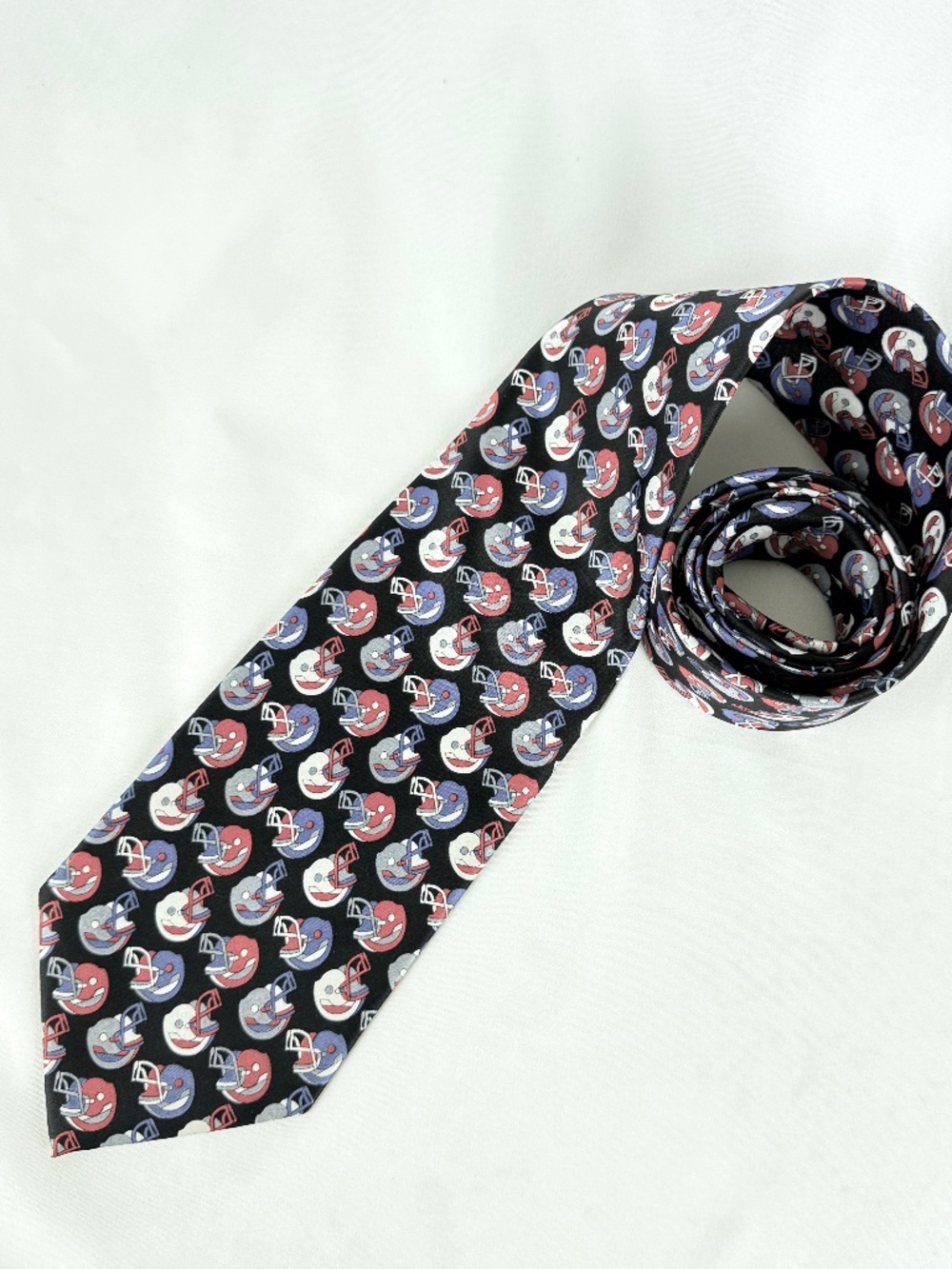 Christian Pelini Silk Necktie Red Blue Football Helmets on Black Tie
